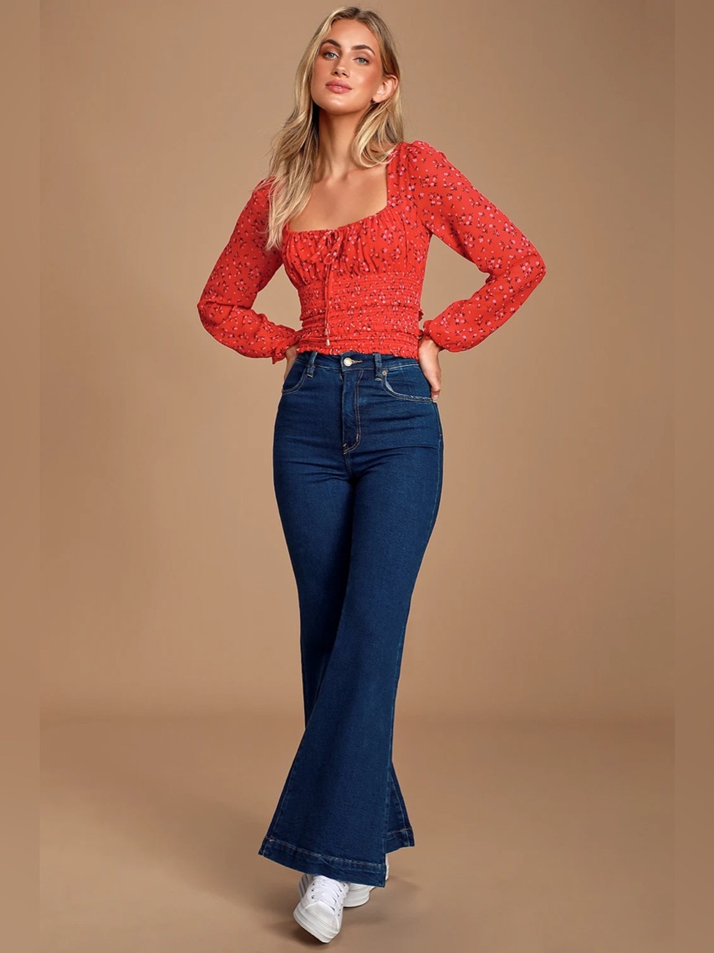 Free People Wms Red Lolita Ditsy Floral Print Chiffon Smocked Peasant Top L